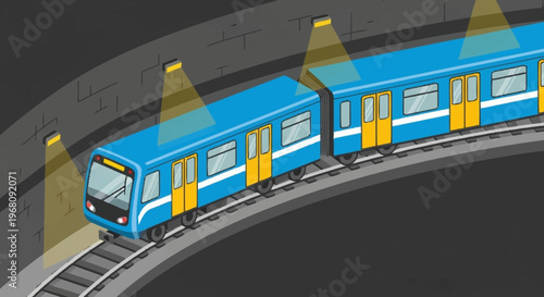 Modern Blue Subway Train Traveling on Tracks.