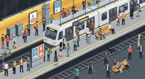 Isometric illustration of a busy subway station platform with passengers waiting for a train.