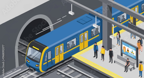 Modern Blue Subway Train Arriving at Station Platform.