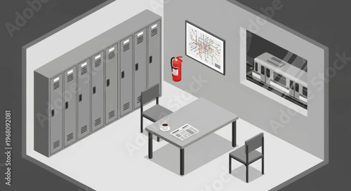 Isometric Locker Room Scene with Table and Chairs.