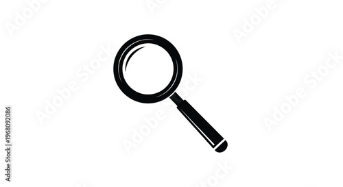 A black magnifying glass is displayed against a stark white background angled slightly high quality professional