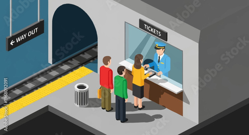 People buying tickets at a subway station counter.