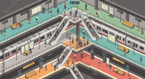 Isometric Subway Station with People and Trains.