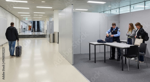 Security personnel checking bags at a table.