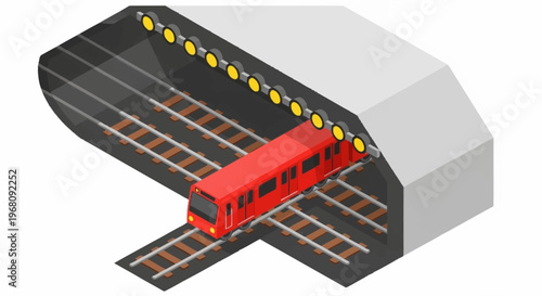 Red Subway Train Entering Dark Tunnel with Lights.