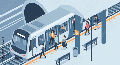 Modern Subway Train Arriving at Station Platform with Passengers.