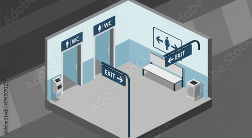 Isometric view of public restroom and exit signs.