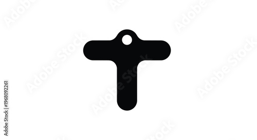 A simple stark black silhouette of a key shape with a circular hole shown high quality