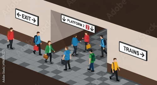 People walking in a subway station near platform and exit signs.