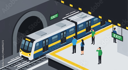 Modern Metro Train Arriving at Subway Station Platform.