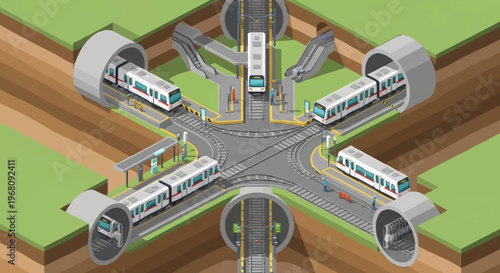Modern Underground Subway Interchange with Trains.