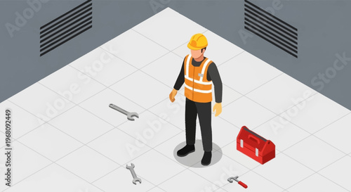 Construction worker in safety vest and hard hat standing.