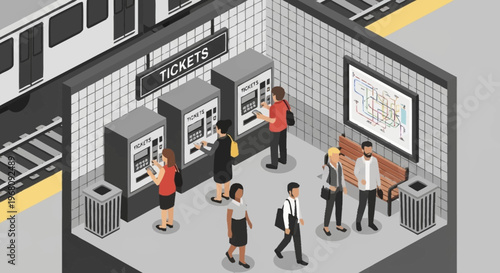 People buying tickets at subway station ticket machines.