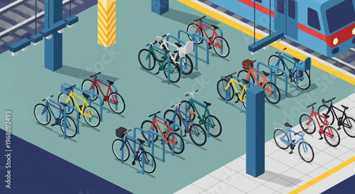 Isometric bicycles parked at a train station platform.