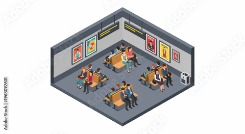 Isometric view of people in an art gallery exhibition.