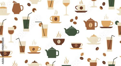 Seamless Pattern Coffee Tea Cups Beans Illustration