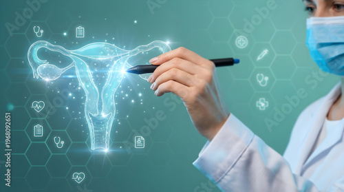 Female gynecologist examining digital hologram of uterus, medical professional analyzing reproductive health system on virtual interface in hospital setting