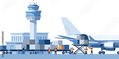 Air cargo transportation and logistics with airplane, train, and airport tower