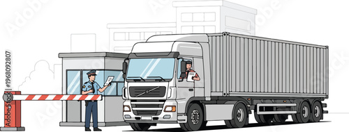 Truck passing through a security checkpoint at a port or industrial area with customs officer