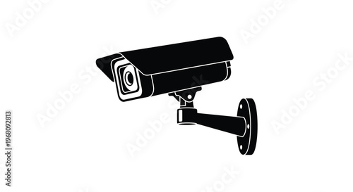 A black and white illustration depicts a security camera mounted on a wall bracket high quality