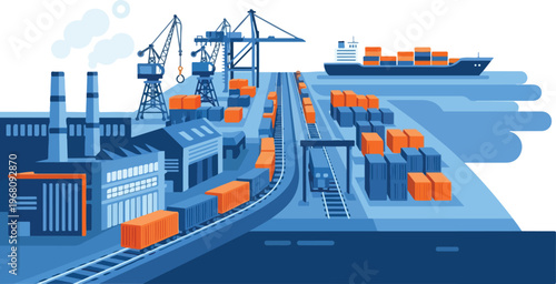 Global logistics and freight transport illustration showcasing a busy shipping port with cargo containers, trains, and cranes