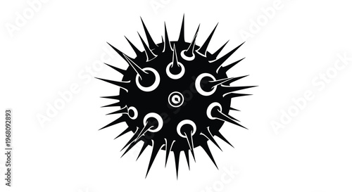 A striking black silhouette depicts a circular form covered in sharp spikes and hollow circles