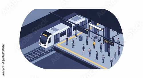 Modern train arriving at a busy subway station platform.