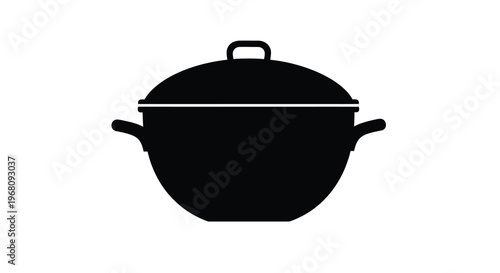 A simple black silhouette of a traditional wok with a lid and handles high quality professional
