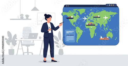 Global trade logistics illustration showing a businesswoman presenting shipping routes on a world map with icons