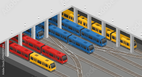 Modern Train Depot with Multiple Colorful Trains Lined Up.