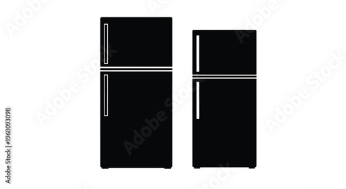 A simple illustration depicts two black refrigerators of differing sizes side by side high quality professional