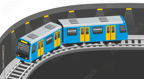 Modern Blue Subway Train on Curved Tracks.