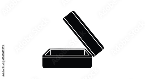 A simple black and white illustration depicts an open rectangular box with a lid high quality