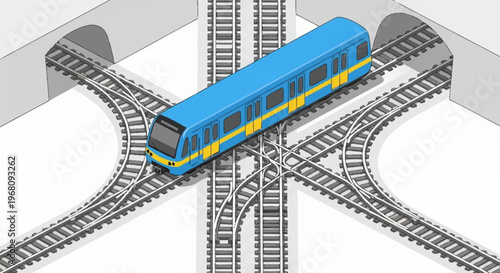 Blue train on complex railway tracks junction illustration.
