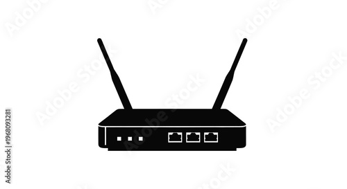 A black silhouette of a wireless router with two antennas shown against a white background