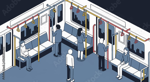 Isometric view of people inside a subway train car.