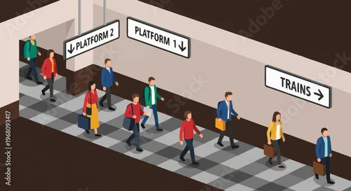 People walking in a subway station towards trains.