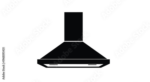 A simple black and white illustration depicts a modern kitchen range hood centered on a white background