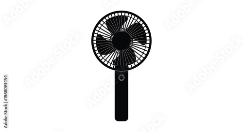 A simple black and white illustration depicting a handheld electric fan isolated on white high quality
