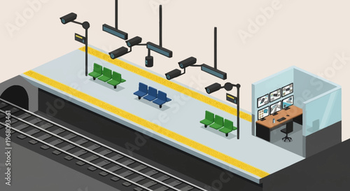 Isometric view of a modern train station platform with security systems.