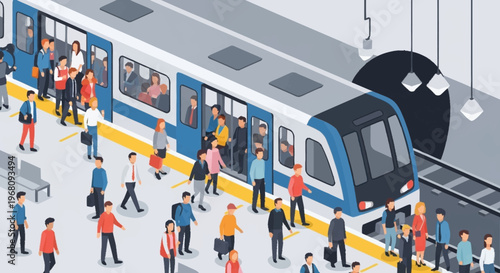 Crowded Subway Station with People Boarding a Train.