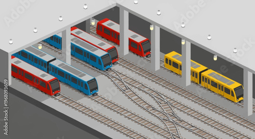 Modern Train Station With Multiple Trains Lined Up.