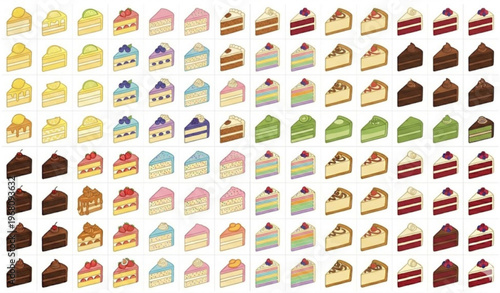 Flat cake slice vector set in grid layout with assorted dessert flavors isolated on white background