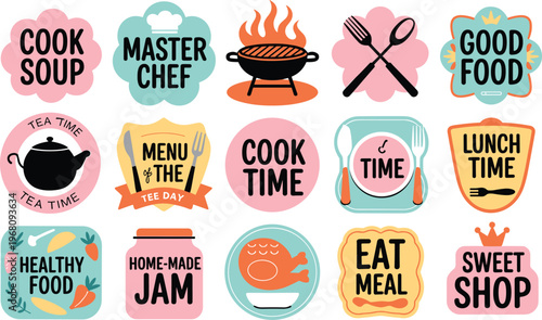 Assortment of food and drink themed icons with text labels in pastel colors Keywords: cook soup, master chef, good food, tea