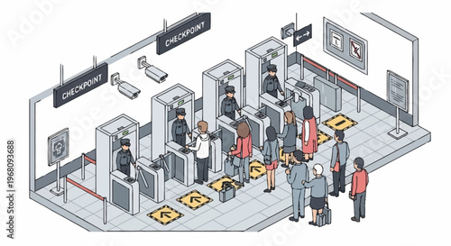 People queuing at airport security checkpoints with social distancing markers.