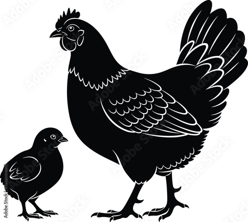 Black and white silhouette illustration of hen and chick symbolizing motherhood, growth, nurturing, and farm animal care