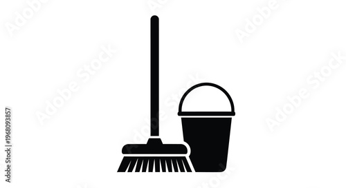 A simple black silhouette depicts a broom leaning against a bucket suggesting cleaning high quality professional