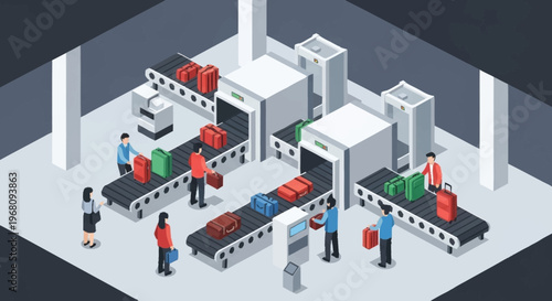 Airport Security Checkpoint with Luggage and Passengers.