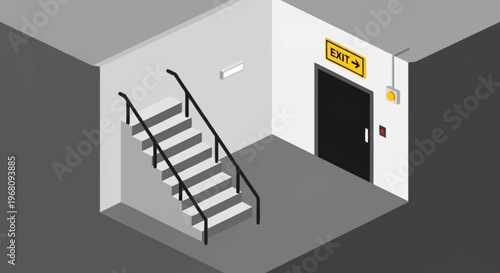 Isometric view of a basement exit with stairs and door.
