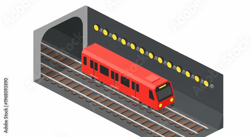Red Subway Train Arriving at Station Platform.